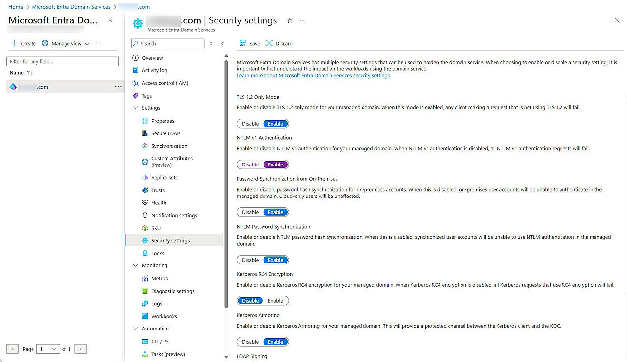 Screenshot of Azure, enable NTLM v1 Authentication